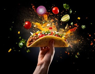 a hand holding an exploding taco with vegetables and sauce splashing out of it