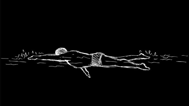 2d Animation cartoon character drawing of a swimmer swimming freestyle stroke or front crawl side view on white, black and green screen in 4k ultra-high-definition.