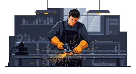 Professional Metalworker Skillfully Grinding A Rod With Sparks Flying In Workshop