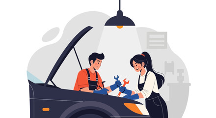 Professional Mechanics Team Working Together In An Auto Repair Shop Illustration