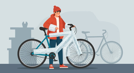 Obraz premium Man With Winter Clothes Presenting New Bicycle Covered For A Surprise Gift