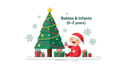 Naklejka premium Merry Christmas Illustration Of A Happy Baby With A Decorated Tree