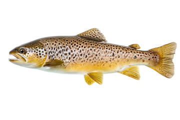 Profile view of a speckled brown trout.  Fish in side view, light tan/brown body, dark brown spots.  Distinct tail and fins.  Isolated on black