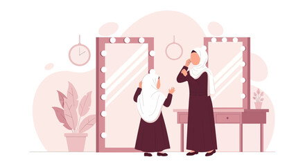 Mother With Daughter Together Getting Ready Wearing Traditional Hijab Veils