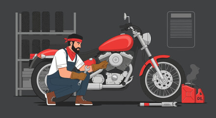 Motorcycle Maintenance And Repair In Garage With Man Performing Repair Service