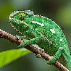 Curious Chameleon Climbing Tropical Branch
