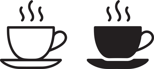 black and white coffee cup icons, scalable monoline vector graphics for cafe branding, logo design, menu templates, ai eps