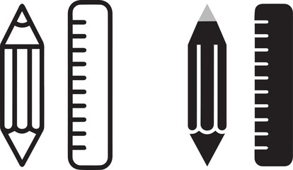 black and white vector icon set featuring pencil and ruler in outline and solid styles for educational and design use
