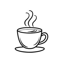 Minimalist Line Art of Steaming Coffee Mug Icon On White Background