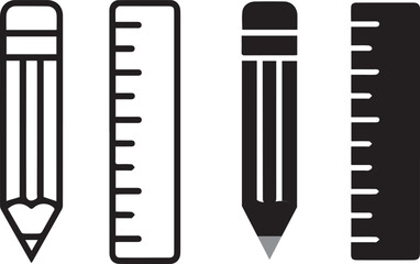simple vector illustration of pencil and ruler icons in outline and solid styles for stationery, classroom, and blueprint design