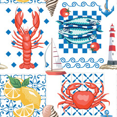 Lobster, crab, sardines fish, shell, lighthouse, lemon, anchor, sailboat, blue tile seamless pattern. Summer wallpaper.