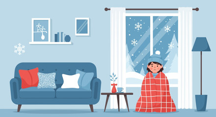 Winter Blues Unhappy Woman Covered With Blanket Feeling Cold At Home