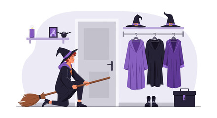 Witch Ready To Fly On A Broomstick For A Halloween Party Celebration