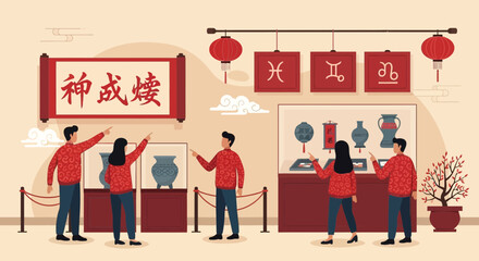 People Admiring Artifacts In An Asian Art Museum With Chinese Zodiac Symbols