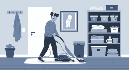 Person Cleaning Home Interior With Vacuum While Listening Music With Headphone