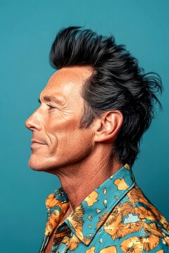 An artistic man expressing confidence in his portrait. Elegant men's quiff haircut - midlife white man with black hair. Creative pattern of style for aging men. Blue solid background.