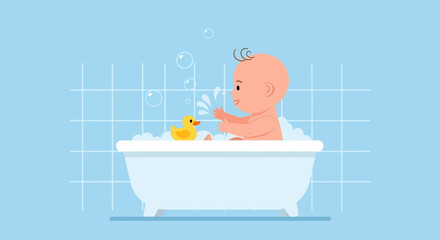 Naklejka premium Playful Infant Enjoying Bath Time with Bubbles and Rubber Duckling