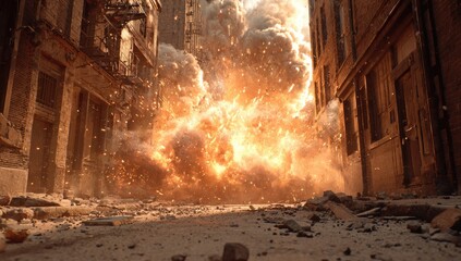 Urban Explosion Alleyway Destruction, Fire, Debris. Action Movie Scene