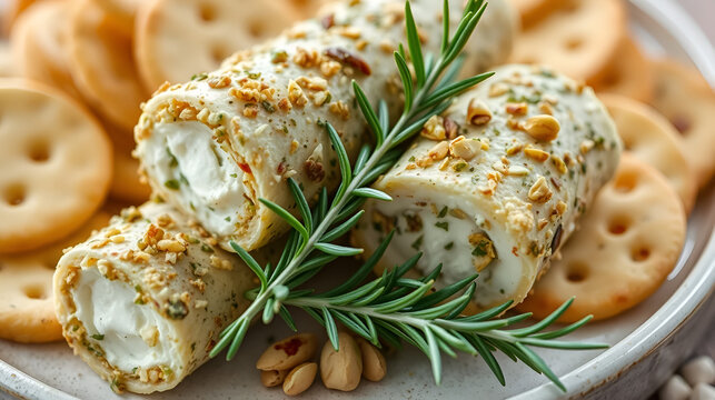 Closeup of goat cheese logs, rolled in fresh herbs and crushed pistachios, served with crisp crackers and garnished with fresh rosemary - Powered by Adobe