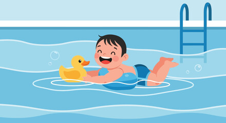 Smiling Boy Floating in a Swimming Pool with Yellow Rubber Duck