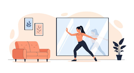 Woman Doing Workout At Home Next To The Mirror In Modern Interior