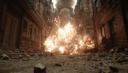 Urban Alley Explosion War-torn street, fiery blast, rubble, smoke; Film scene