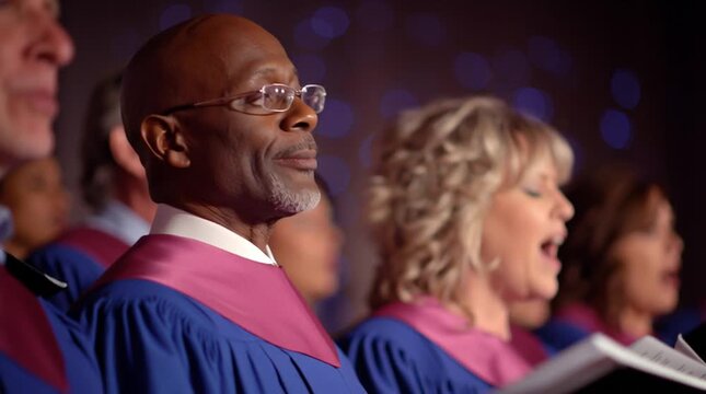 Church choir is singing gospel - religious music in a group with people expressing their hallelujahs and amens via musical artistry