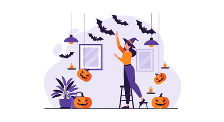 Woman In Witch Costume Decorating The Home For A Halloween Party