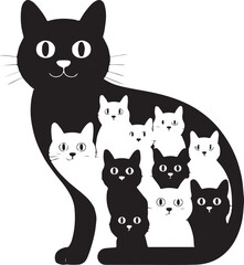 Large black cat silhouette surrounding adorable kittens in a simple black and white design