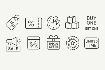 Set of Sales and Promotion Icons: Discount Tags, Coupons, Flash Sales, and Special Offers