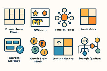 Strategic Business Model Icons Set: Canvas, BCG Matrix, Porter's Forces, Ansoff Matrix