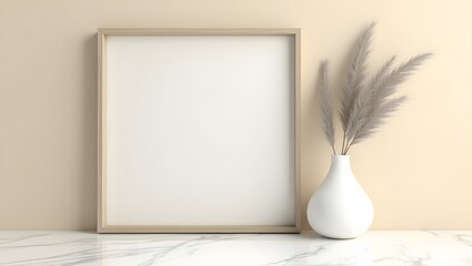 Elegant light beige vertical frame mockup with pampas grass for a stylish art or photography presentation.