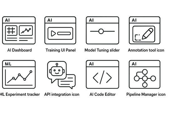 Set of AI and Machine Learning Interface Icons Including Dashboard, Training Panel, and Code Editor