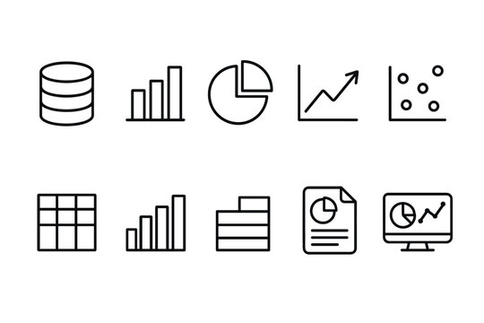 Black and White Data Analytics Icon Set with Graphs, Charts, and Dashboards