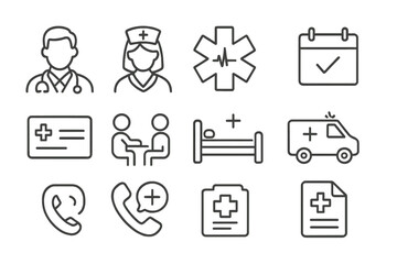 Minimalist Healthcare Line Icons Set Featuring Doctors, Nurses, Ambulance, Medical Records