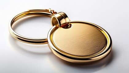 a golden keyring with a round tag against a solid place on white background