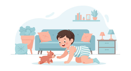 Obraz premium Toddler Exploring Crawling With Plush Toy Dog In Cozy Home Setting