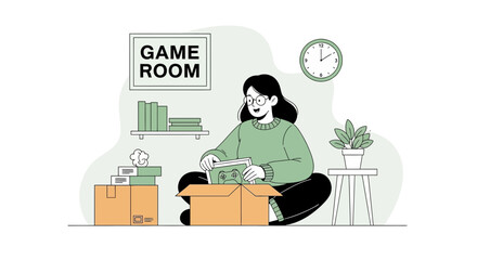 Woman Organizes Video Games in Her Game Room Relaxed Atmosphere