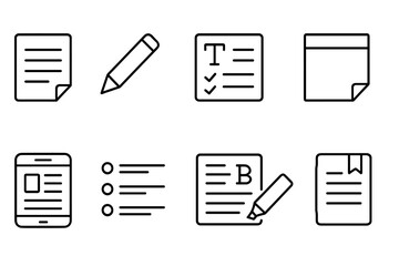 Writing and Documentation Icons Set: Pencil, Checklist, Sticky Note, Tablet, Bulleted List, Bookmark