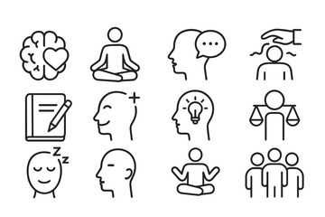 Collection of Twelve Minimalist Mindfulness and Mental Well-being Line Icons