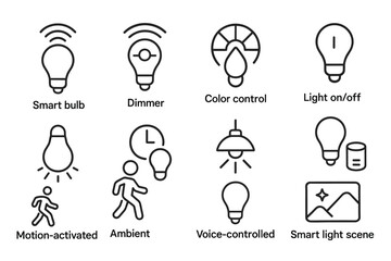 Smart Lighting System Icons Set with Connectivity, Motion Activation, and Voice Control Features