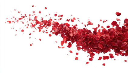 Red rose petals, scattered in a flowing stream against a white background
