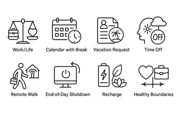 Fototapeta premium Set of Eight Icons on Work-Life Balance, Remote Work, and Energy Recharge
