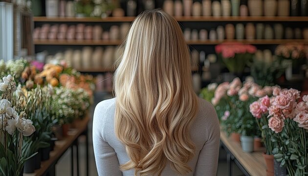 Lustrous Blonde Waves Amidst the Soft Hues of a Flower Boutique