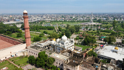 An aerial image of the Pakistan monument, A Sikh Gurdwara located beside the Badshahi Mosque in Lahore. 