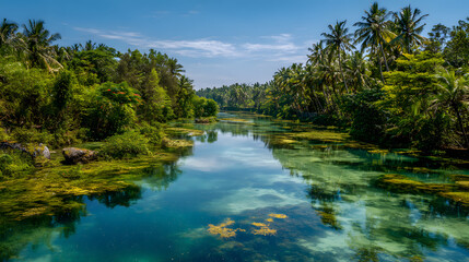 Fototapeta premium Serene Landscape with Lush Greenery and Clear Blue Water Under Bright Sunny Sky