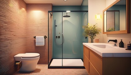 a bathroom with a white sink and toilet in the corner next to a walk in shower stall door