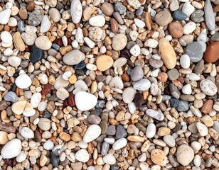 Naklejka premium Close-up view of a beach filled with varied-sized pebbles and stones. A mix of colors and textures