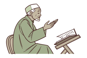 Young muslim woman wearing a hijab engaged in devotion and reading from a holy book on a stand