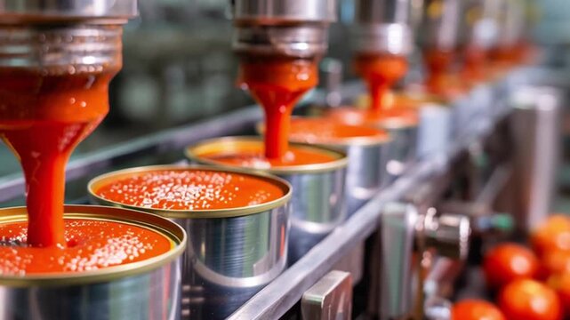 Tomato sauce filling process in cans on a conveyor belt in a food processing factory line